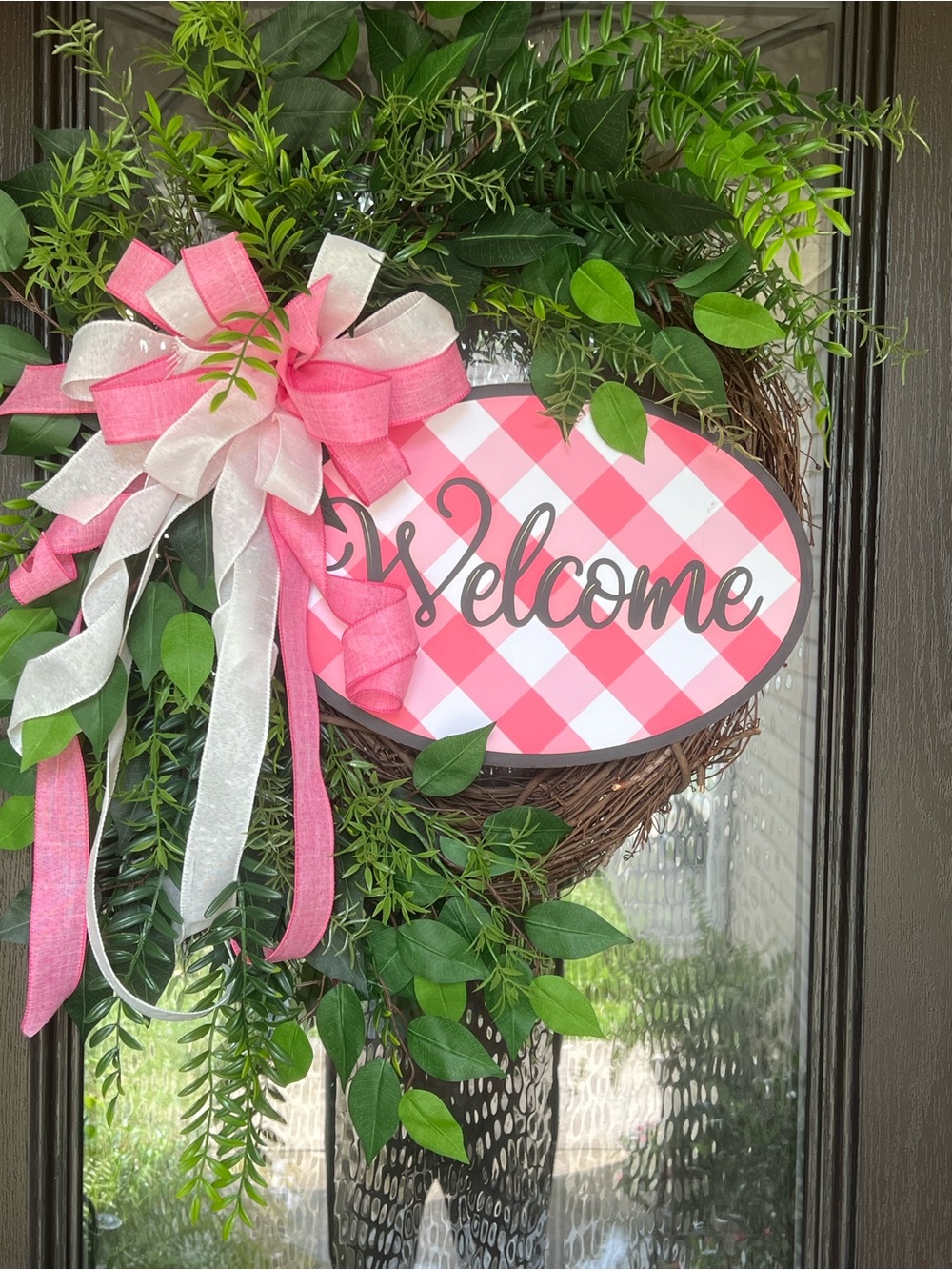 Pink Buffalo Check "Welcome" Wreath Sign with Ribbon